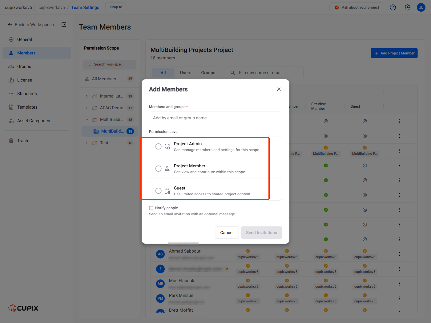 The Add Members dialog at project scope, with the three grades marked