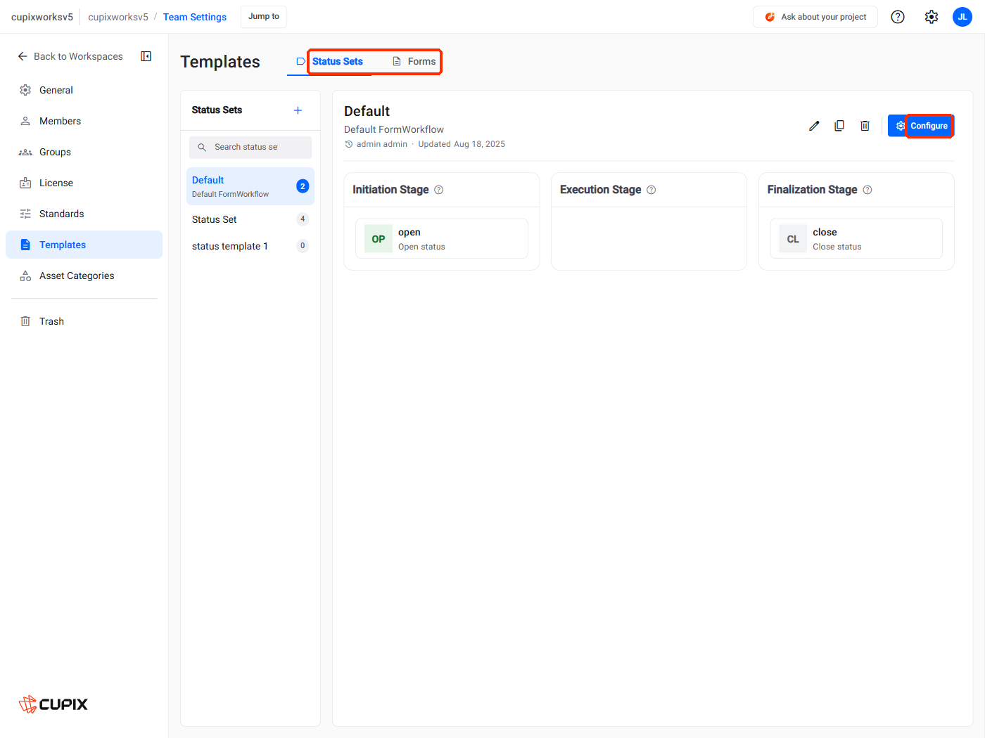 Team Settings › Templates, the Default status set with its three stages