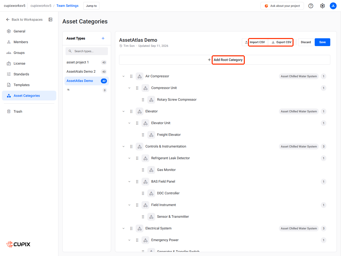 Configure mode, with Import CSV, Export CSV and Add Root Category marked