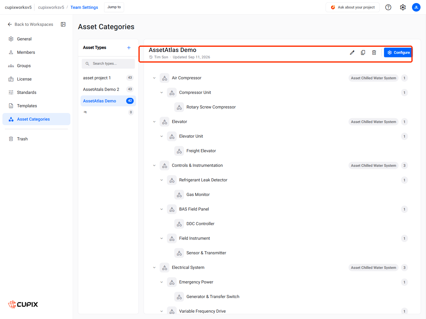 Asset Categories, a type selected, with its header and Configure marked
