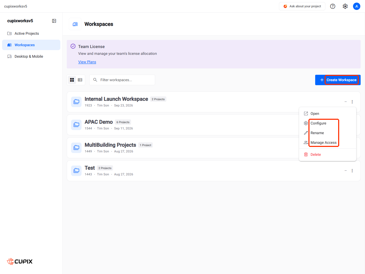 The Workspaces list, with Create Workspace and a workspace's menu marked