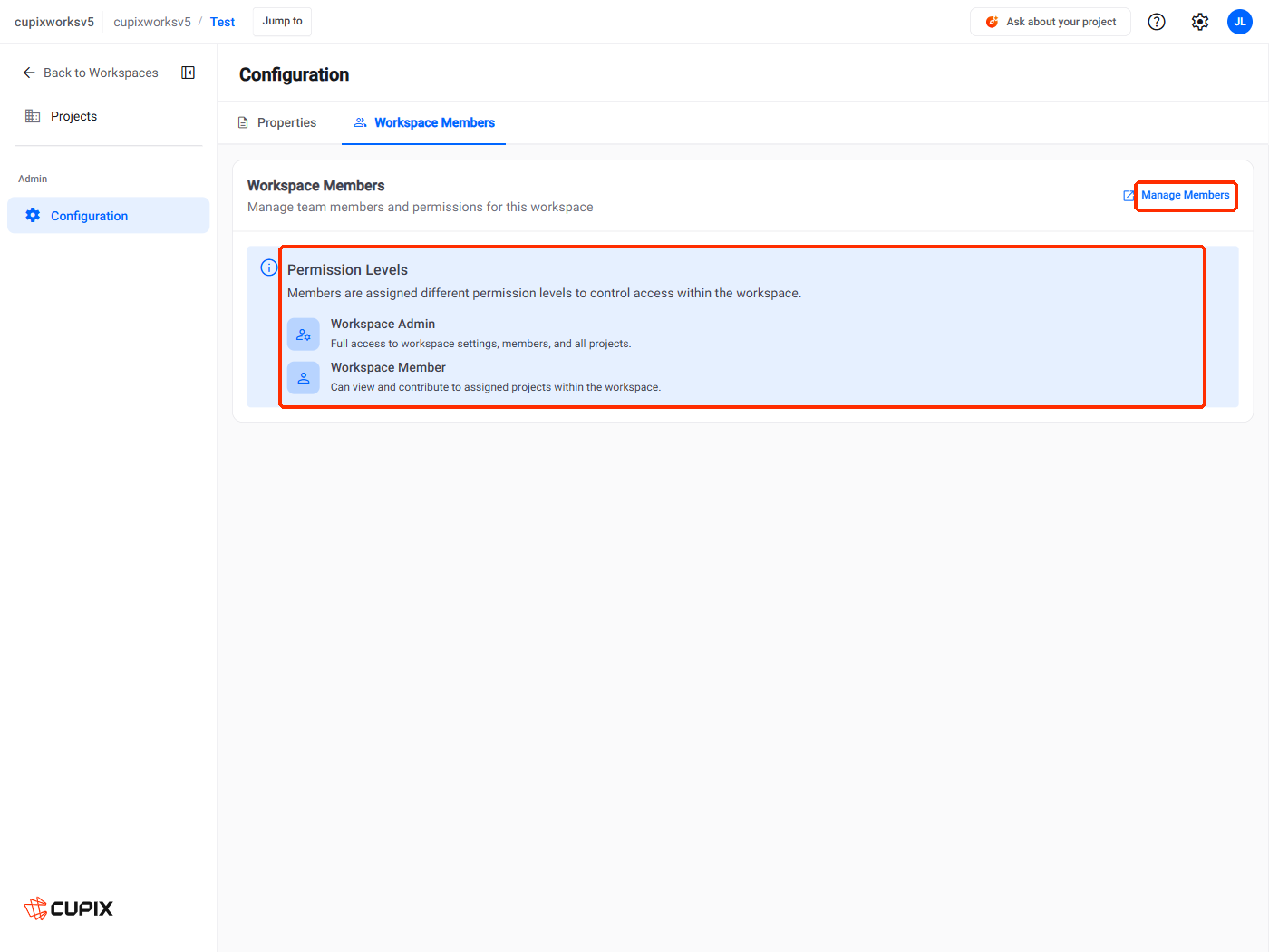 Workspace Configuration › Workspace Members, with the Permission Levels card and Manage Members marked