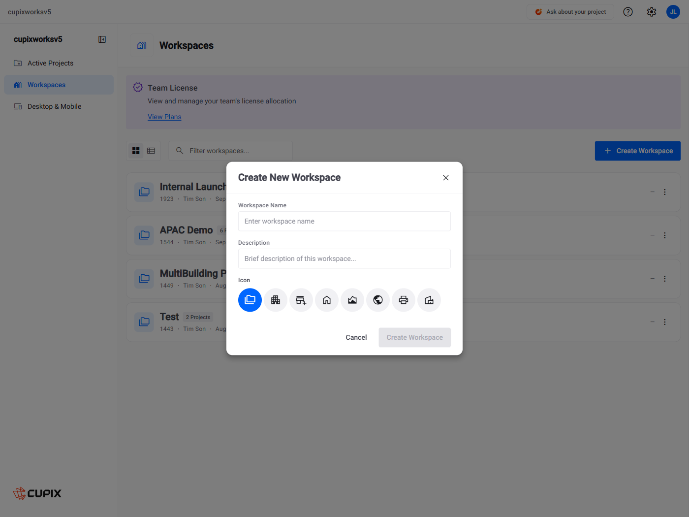 The Create New Workspace dialog