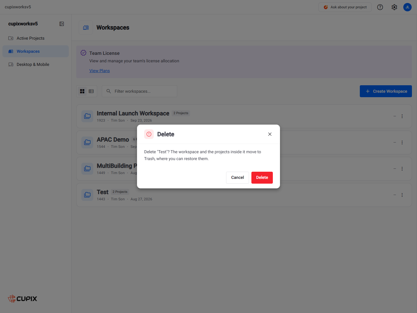 The Delete dialog for a workspace