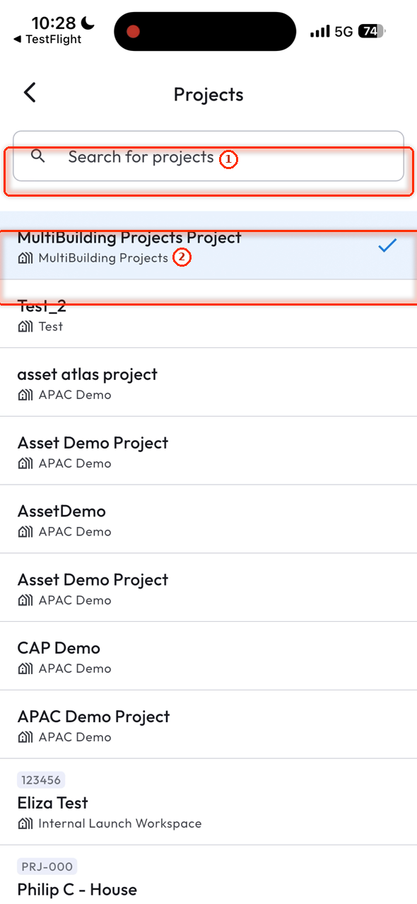 Projects, with search
