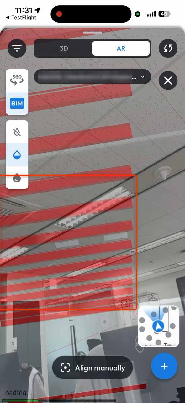 The BIM model in AR at 50% opacity
