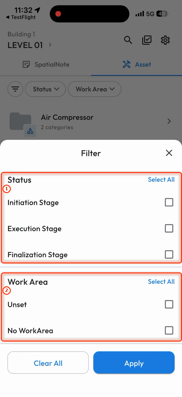Status and Work Area filters