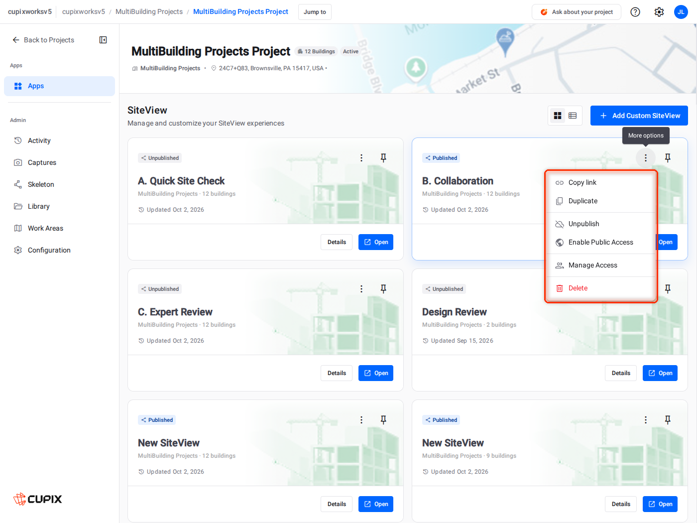 The ⋮ menu on a published SiteView card.