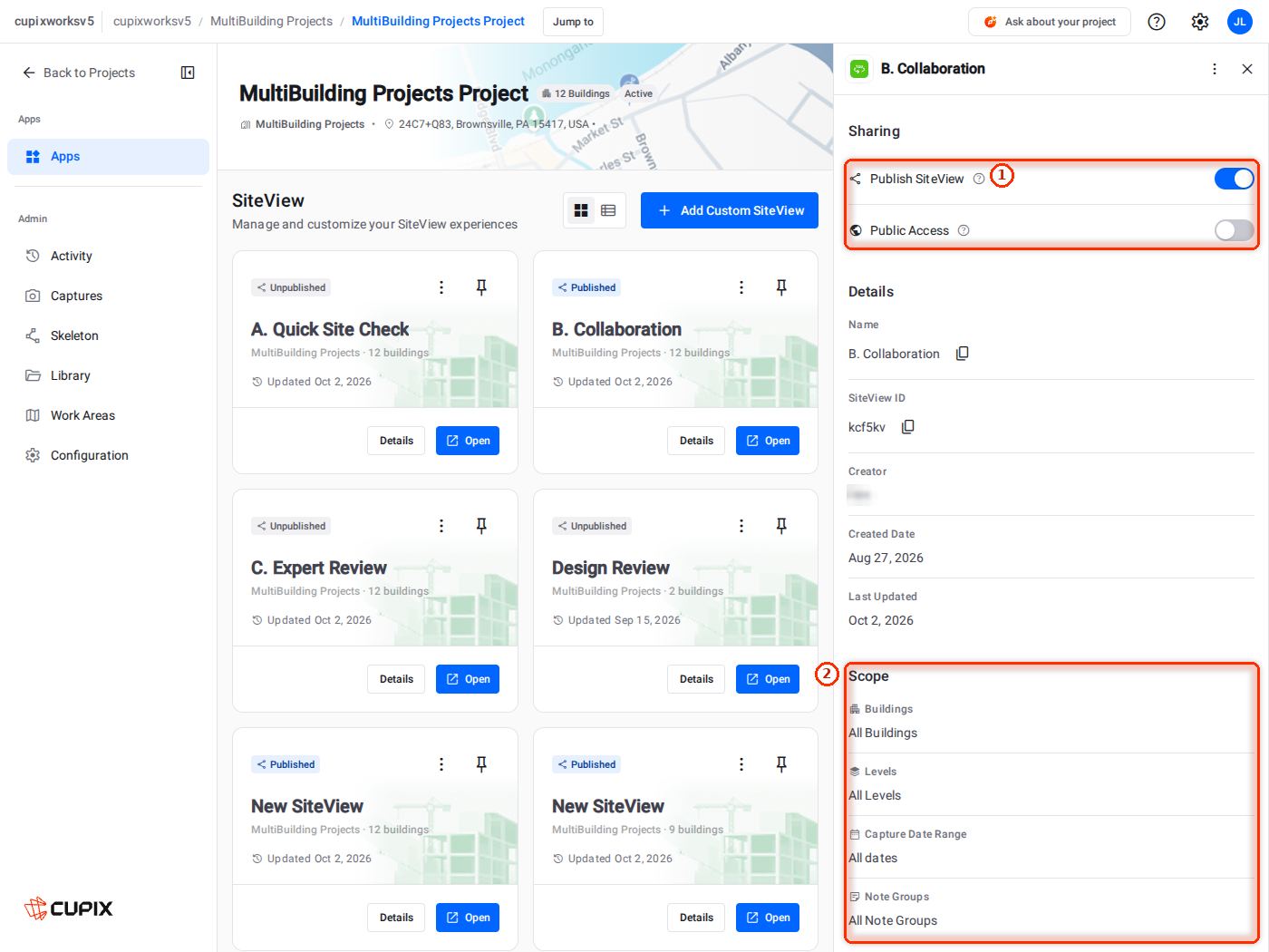 The Details panel for a published SiteView.